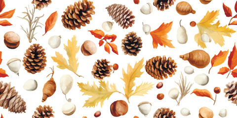 Delightful Seamless Pattern Showcasing The Natural Beauty Of Acorns And Pine Cones, Creating A Charming And Rustic Design Suitable For Wallpaper, Textile and Decor. Cartoon Vector Illustration