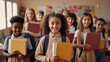 © JW Studio - Portrait of cheerful smiling diverse schoolchildren standing posing in classroom holding notebooks and backpacks looking at camera happy after school reopen. Diversity. Back to school concept.