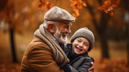 Happy grandpa and grandson on beautiful autumn park, family bonding moment with copy space.