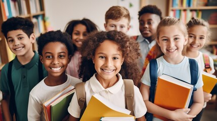 Portrait of cheerful smiling diverse schoolchildren standing posing in classroom holding notebooks and backpacks looking at camera happy after school reopen. Diversity. Back to school concept. 