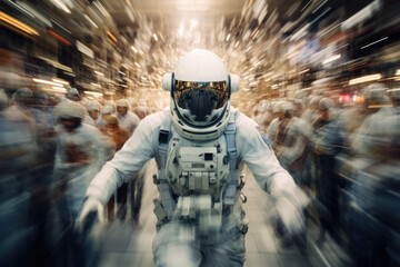 Wall Mural - Astronaut wearing space suit at crowded street in rush hour. Lonely space man among people in city with motion blur effect