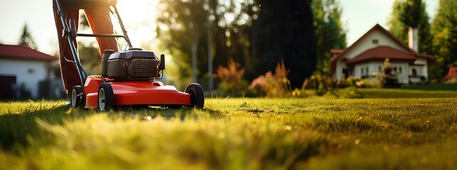 A man mows the grass on the lawn at home with a lawn mower, a banner with an empty copy space.