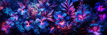 Surreal Dense Jungle Of Tropical Plants Illuminated With Blue And Pink Neon Lights. The Leaves Of The Plants Are Large And Glossy. The Background Is Dark. Surreal And Magical Mood.
