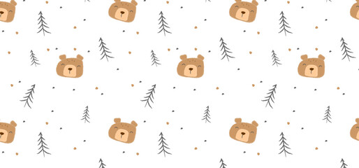 Wall Mural - minimalistic winter seamless pattern with forest with cute bear. Trendy scandinavian minimalist seamless pattern with creative hand drawn composition. 