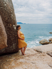 Wall Mural - Pregnant woman in yellow dress posing at ocean coastline with rocks