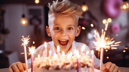 A little boy with joyful crazy look ready to blow out the candles on his birthday cake celebration. Generative AI