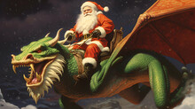Santa Claus Riding A Green Dragon - Symbol Of The New Year 2024