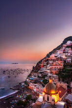 Beautiful Sunset View Of Positano With The Church, Amalfi Coast, Italy