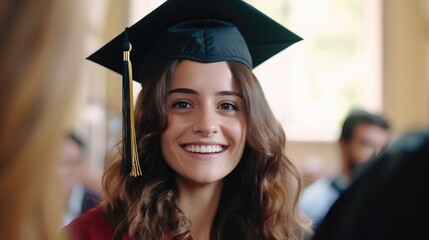 Wall Mural - Happy and smiling young girl celebrates graduation from university. Generative AI