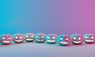 Halloween pumpkins on neon gradient background with space for text. 3D Rendering