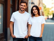 A couple boyfriend and girlfriend wearing blank white matching t-shirts mockup for design template