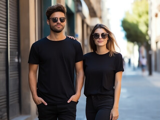 A couple boyfriend and girlfriend wearing blank black matching t-shirts mockup for design template