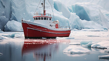 Close-up Red Boat Winter In The Ice Ocean
