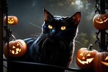 A Halloween Majestic Black Cat Perched On A Wrought Iron Fence, Its Eyes Gleaming In The Darkness As Jack-o'-lanterns Cast A Warm Glow.

