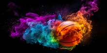 Basketball In Explosion Of Colored Neon Powder Isolated On Black Background | Generative AI