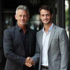 Wall Mural - Business portrait of two handsome men in suits, work team, smiling and shaking hands and looking to the camera