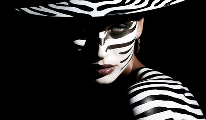 Fantasy face painting, zebra look, in white and black. AI generated