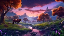 Illustration Of A Cow In A Magical Landscape.Generative AI