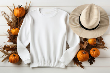 white blank sweatshirt on white wooden table with halloween decor, AI Generated