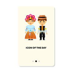 Wall Mural - Czech pair in national costumes flat vector icon. Cute couple in traditional clothes isolated vector illustration. History, ethnicity, tradition concept for web design and apps