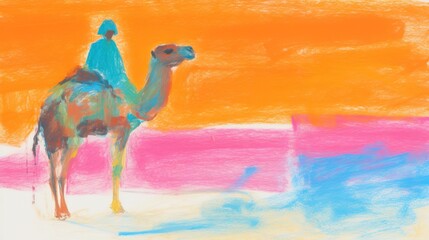 Poster -  a drawing of a camel in front of an orange sky.  generative ai