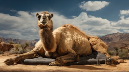 Poster -  a camel laying down in the middle of a desert with mountains in the background.  generative ai