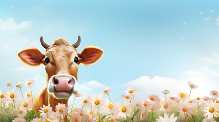 Poster -  a cow is standing in a field of daisies and daisies.  generative ai