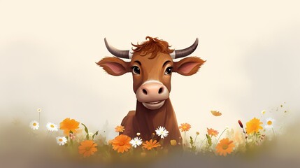 Poster -  a brown cow with horns standing in a field of flowers.  generative ai