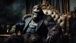  a gorilla in a suit sitting on a chair in a dark room.  generative ai