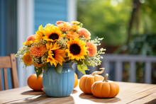 Cottagecore Aesthetic. Orange Pumpkin And Sunflowers Bouquet In Blue Vase On The Table. Farmhouse Autumn Centerpiece On Blurred Outdoor Background.