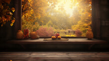Fall Autumn Romantic Rustic Wooden Table Empty Ideal For Product Home Mockup Display. Blurred Orange Red Natural Forest Background.