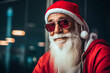 © ADDICTIVE STOCK - Generative AI illustration of portrait of modern elderly Santa Claus with sunglasses and long white beard smiling while looking at camera against blurred windows