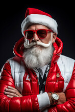 Generative AI Illustration Of Portrait Of Modern Elderly Santa Claus With Sunglasses, Piercing And Long White Beard Standing With Crossed Arms While Looking At Camera Against Dark Background