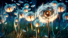 A Field Of Neon Dandelions, Their Seeds Taking Flight In Glowing Patterns