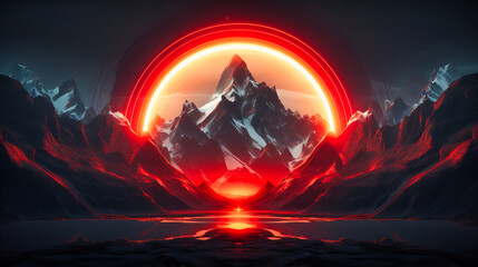 Wall Mural - A fragmented neon sun setting behind abstract mountain peaks