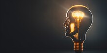 Inspiration Ideas, Head Shaped Light Bulb - Creativity Concept, Generative Ai.