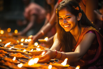 Wall Mural - Indian women wearing traditional dress lighting diya lamps at temple on Diwali night. Religious ritual. 