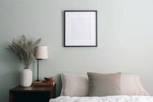 Landscape Black Picture Frame Mockup On Sage Green Wall. Elegant Bedroom View. White And Grey Linen Pillows, Blanket.Night Stand With Ceramic Vase, Dry Fern And Books. Scandinavian, Generative AI