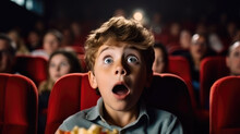 Little Boy With Astonished And Surprised Look Is Watching A Movie In A Cinema. 