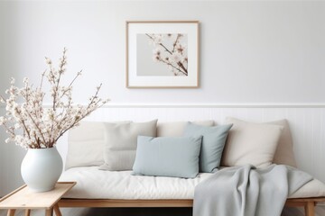 modern spring scandinavian living room interior. wooden picture frame, poster mockup. sofa with line