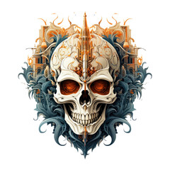 A Gothic-inspired Halloween Skull t-shirt design, featuring a skull nestled within the intricate architecture of an ancient cathedral, Generative Ai