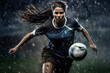 Female soccer player in the rain
