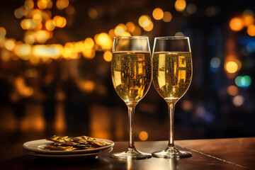 Champagne glass on wooden table and Christmas illumination on background.  illustration of celebrating Christmas and New Year