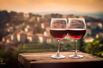 Two glasses of red wine on wooden table and beautiful Italy landscape on background.  illustration for travel postcard or commercial ad.