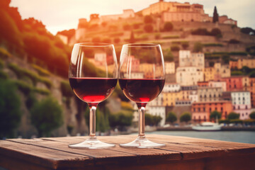 Wall Mural - Two glasses of red wine on wooden table and beautiful Italy landscape on background.  illustration for travel postcard or commercial ad.