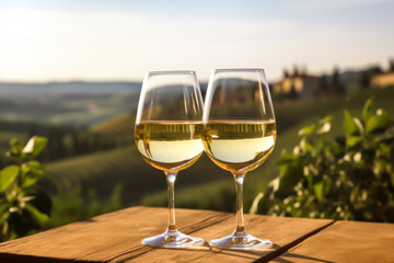 Wall Mural - Two glasses of white wine on wooden table and beautiful Italy landscape on background.  illustration for travel postcard or commercial ad.