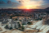 Fototapeta Góry - Amazing panoramic landscape in Goreme National Park at sunrise. Cappadocia.Turkey. Top attraction travel destinations.