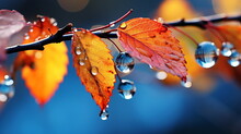 Autumn Yellow Orange Leaves On Branch With Morning Dew Water Drops On Front Blue Sky 
