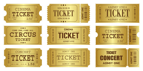 Wall Mural - Vector set of admit one tickets template. Golden ticket for cinema,movie,circus,theatere,film,festival,casino,club,music etc. Event admission, entrance pass set .Vector illustration