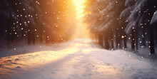 Snowy winter forest with sunlight and falling snowflakes